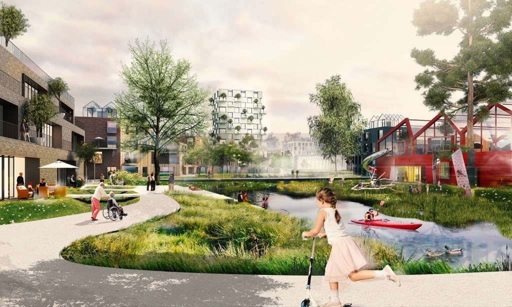 An illustration showing how residents might move around the new district - walking, on a scooter or even by canoe.